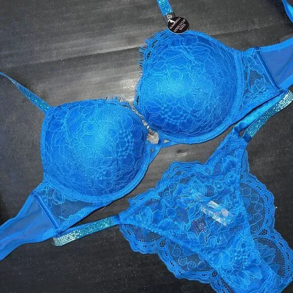 Victoria's Secret 32A,32B,32C BOMBSHELL BRA SET+GARTER NEON BLUE SHINE STRAP